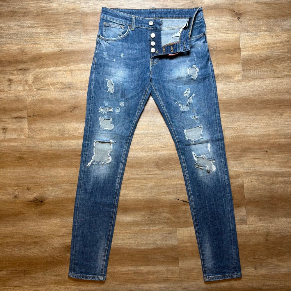 Dsquared2 Easy Slim Jeans Mens 44 Blue Ripped Distressed Made in Italy Denim